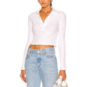 Helmut Lang Long Sleeve White Cotton Crop Polo Top Size L